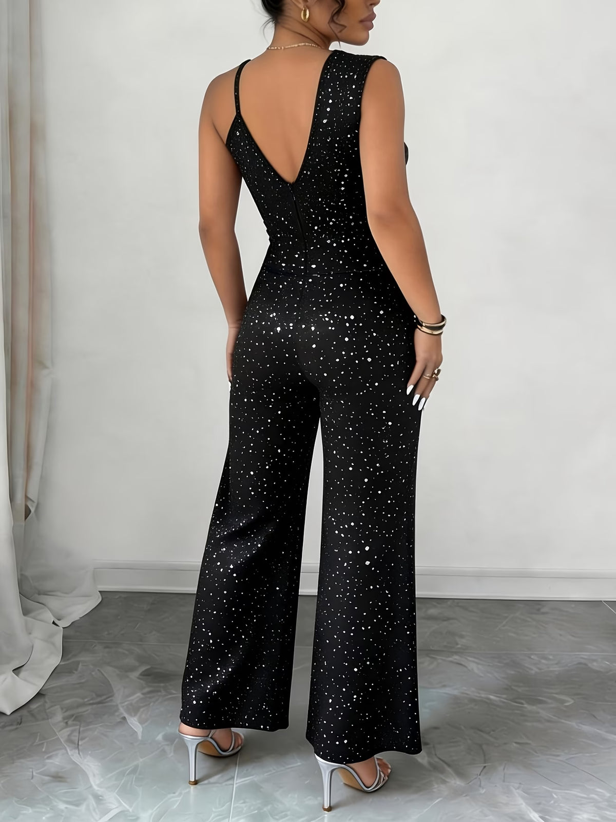 Women’s Black Glitter Wide-Leg Jumpsuit
