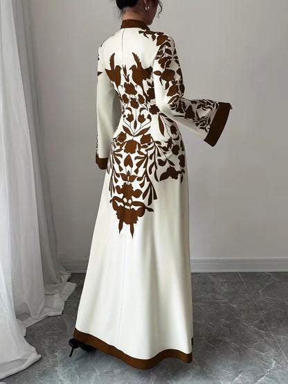 Women's Elegant Floral Print Maxi Dress | Long Sleeve A-Line Party & Evening Dress