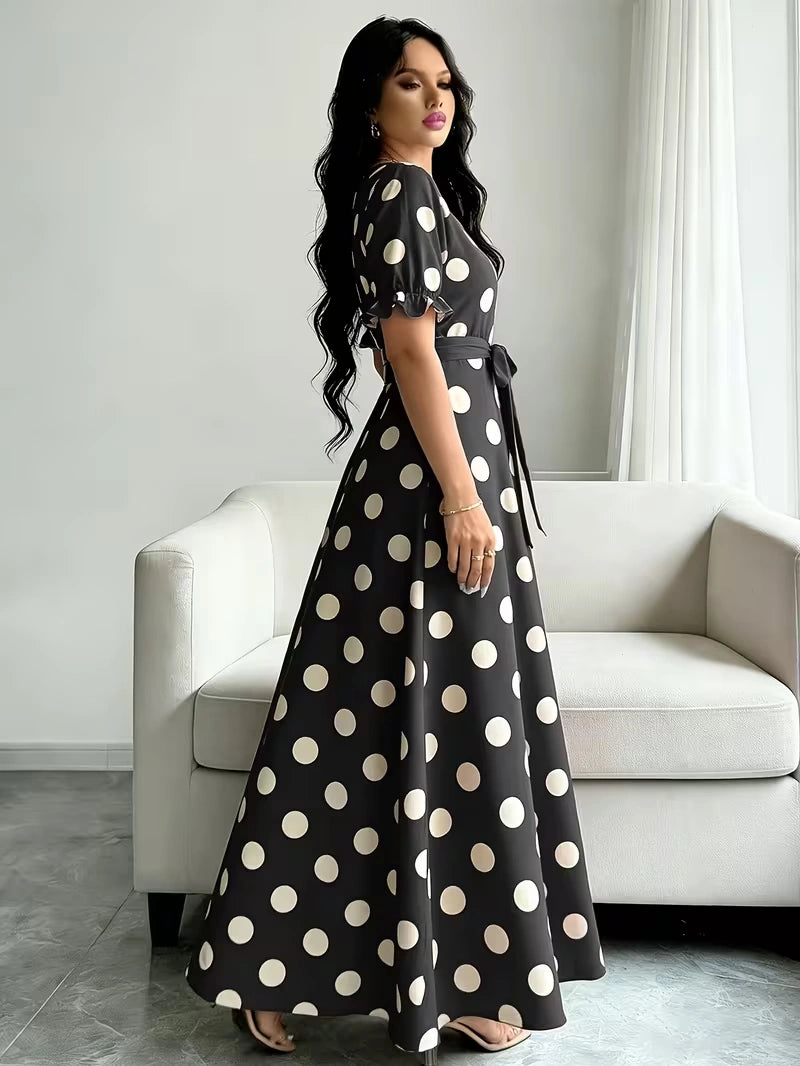 Women's Timeless Polka Dot Midi Dress – Puff Sleeve Belted Fit & Flare Dress
