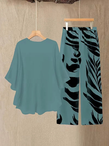 Chiffon Co-Ord Set – Batwing Sleeve Loose Top & Wide-Leg Pants (2-Piece)