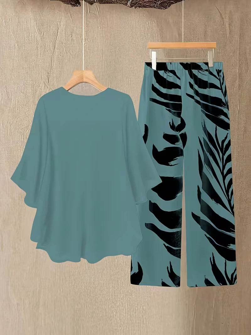 Chiffon Co-Ord Set – Batwing Sleeve Loose Top & Wide-Leg Pants (2-Piece)