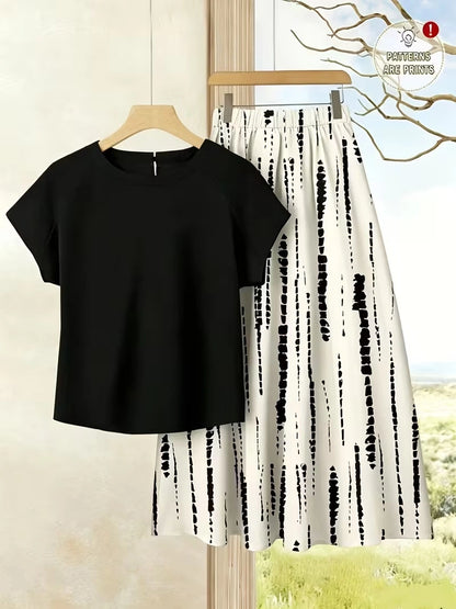 Women's Summer Casual Skirt Co-Ord Set | Solid Top & Printed Skirt 2-Piece Outfit