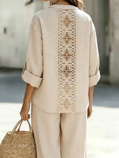Elegant Lace Back Co-Ord Set – Relaxed Shirt & Wide-Leg Pants for Effortless Style