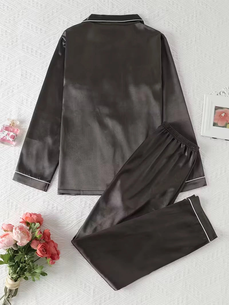 Women's 2-Piece Satin Stripe Pajama Set with Button-Up Shirt & Relaxed Shorts
