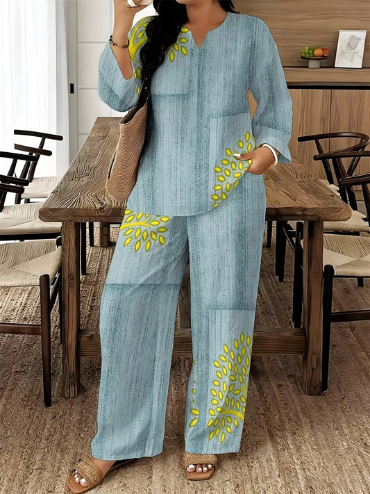 Women's Ethnic Leaf Print Boho Co-Ord Set – Long Sleeve Top & Wide-Leg Pants (2-Piece)