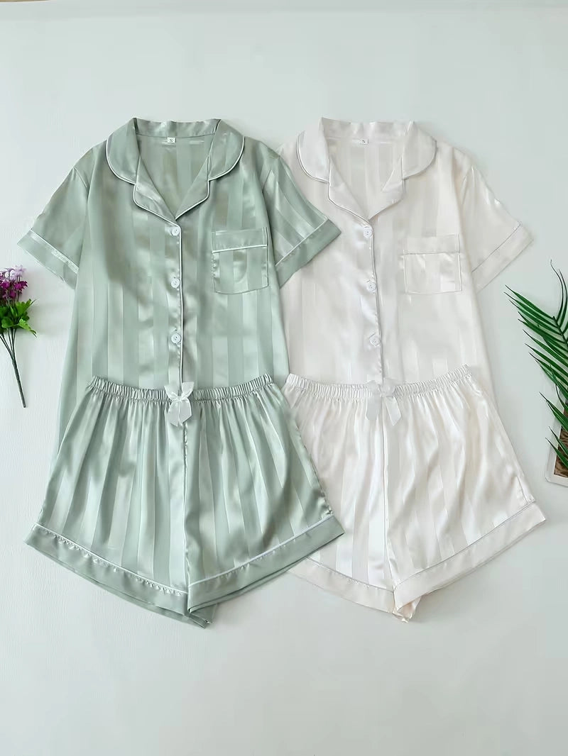 Women's 2-Piece Satin Stripe Pajama Set with Button-Up Shirt & Relaxed Shorts