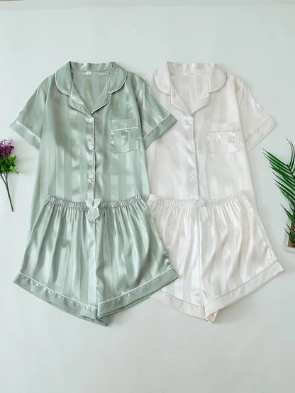 Women's 2-Piece Satin Stripe Pajama Set with Button-Up Shirt & Relaxed Shorts