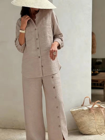 Elegant Lace Back Co-Ord Set – Relaxed Shirt & Wide-Leg Pants for Effortless Style