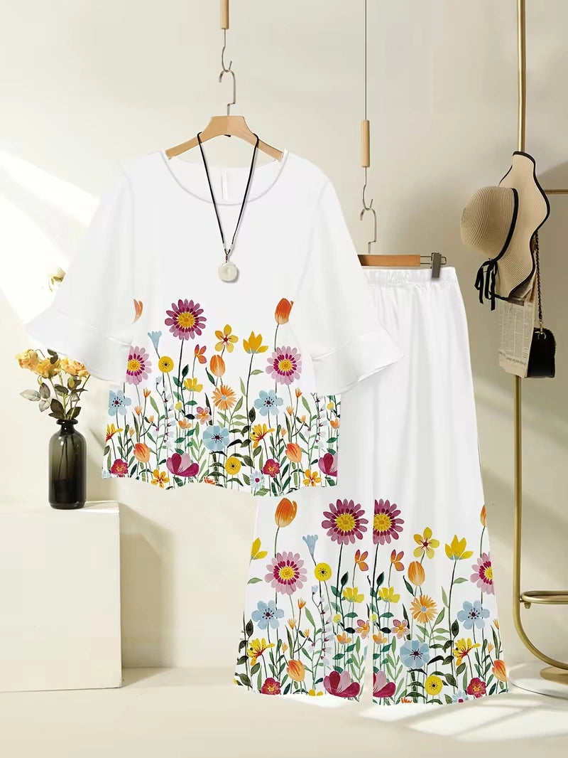 Plus Size Floral Elegance Co-Ord Set with Asymmetrical Tunic & Wide-Leg Pants