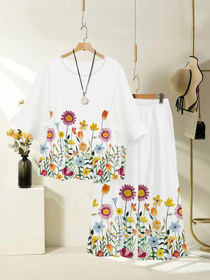Plus Size Floral Elegance Co-Ord Set with Asymmetrical Tunic & Wide-Leg Pants