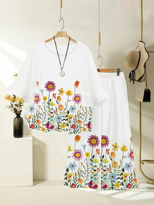 Plus Size Floral Elegance Co-Ord Set with Asymmetrical Tunic & Wide-Leg Pants