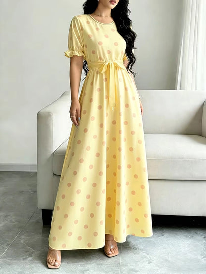 Women's Timeless Polka Dot Midi Dress – Puff Sleeve Belted Fit & Flare Dress