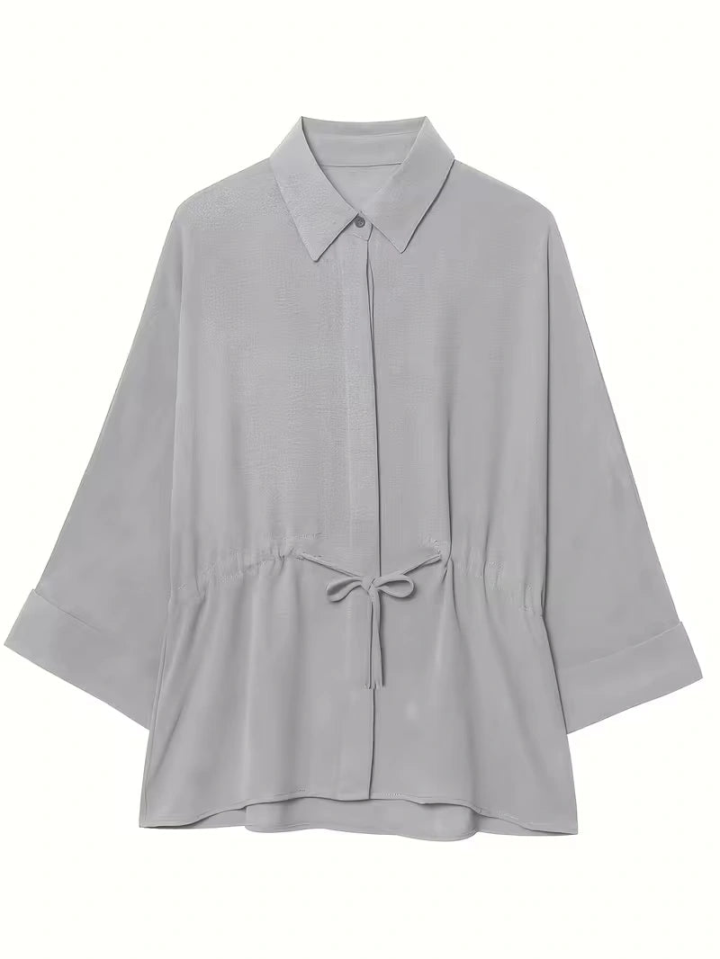 Relaxed Drawstring Co-Ord Set – Lapel Long Sleeve Top & Wide-Leg Pants