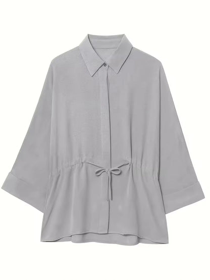 Relaxed Drawstring Co-Ord Set – Lapel Long Sleeve Top & Wide-Leg Pants