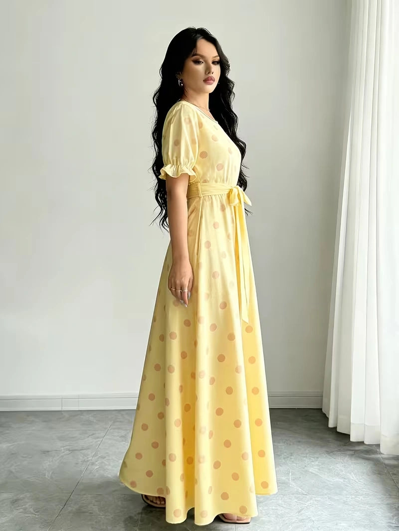 Women's Timeless Polka Dot Midi Dress – Puff Sleeve Belted Fit & Flare Dress