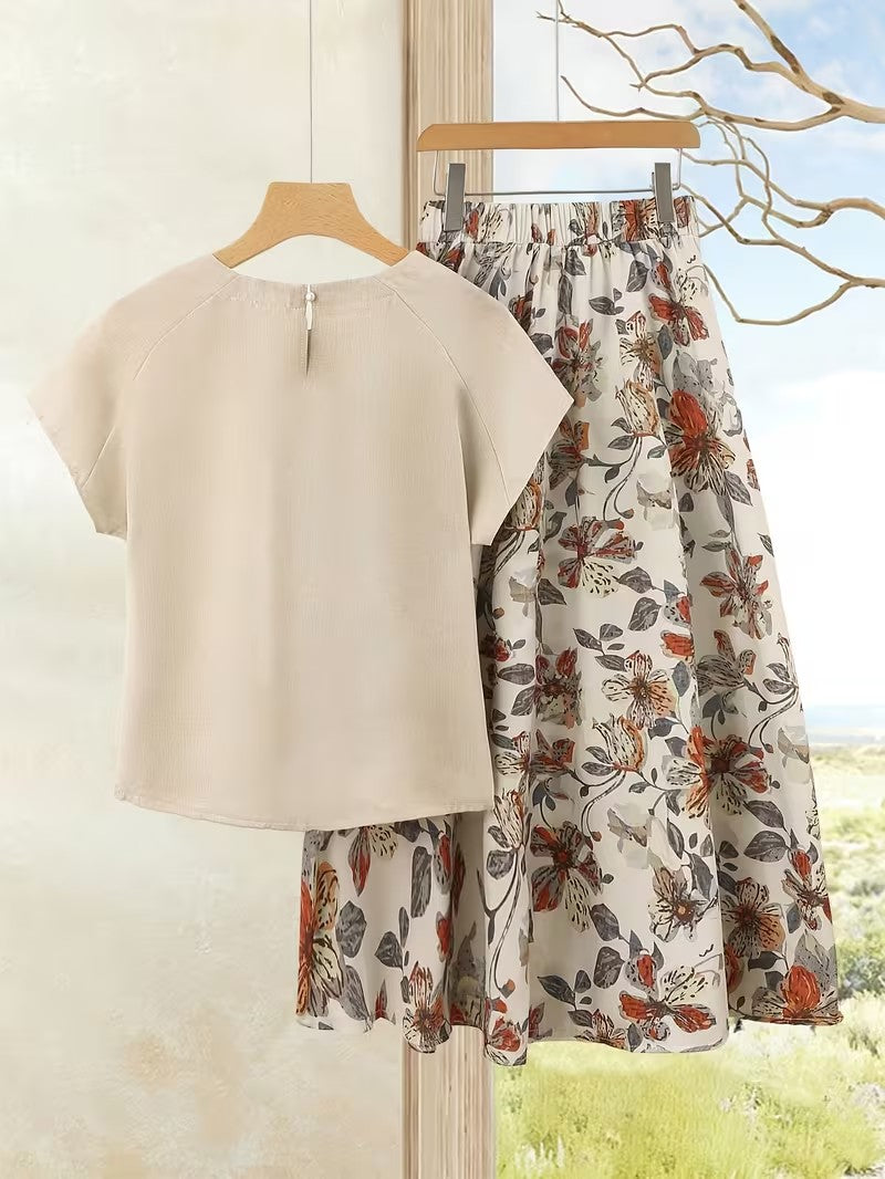 Women's Summer Casual Skirt Co-Ord Set | Solid Top & Printed Skirt 2-Piece Outfit