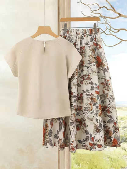 Women's Summer Casual Skirt Co-Ord Set | Solid Top & Printed Skirt 2-Piece Outfit