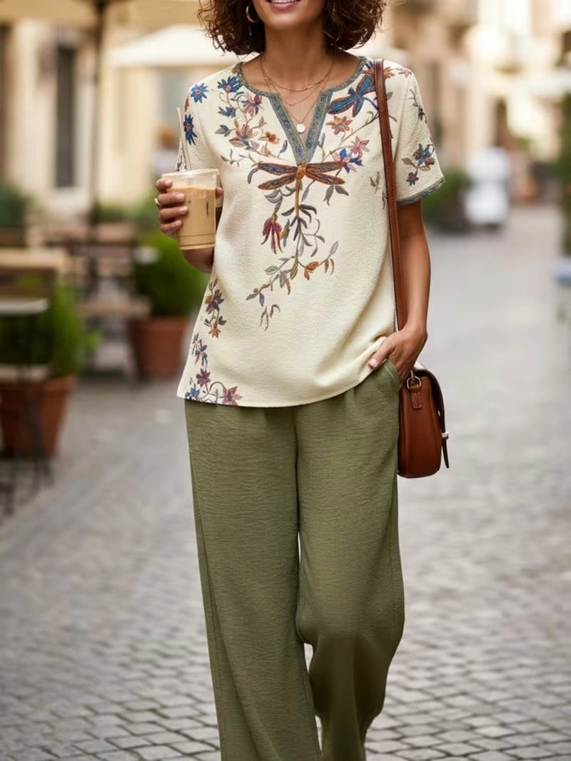 Women's Vintage Floral Wide-Leg Co-Ord Set – Elegant 2-Piece Outfit