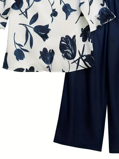 Plus Size Floral Elegance Co-Ord Set with Asymmetrical Tunic & Wide-Leg Pants