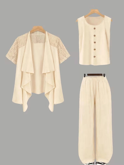 Elegant 3-Piece Co-Ord Set – Cardigan Jacket, Sleeveless Top & Relaxed Pants