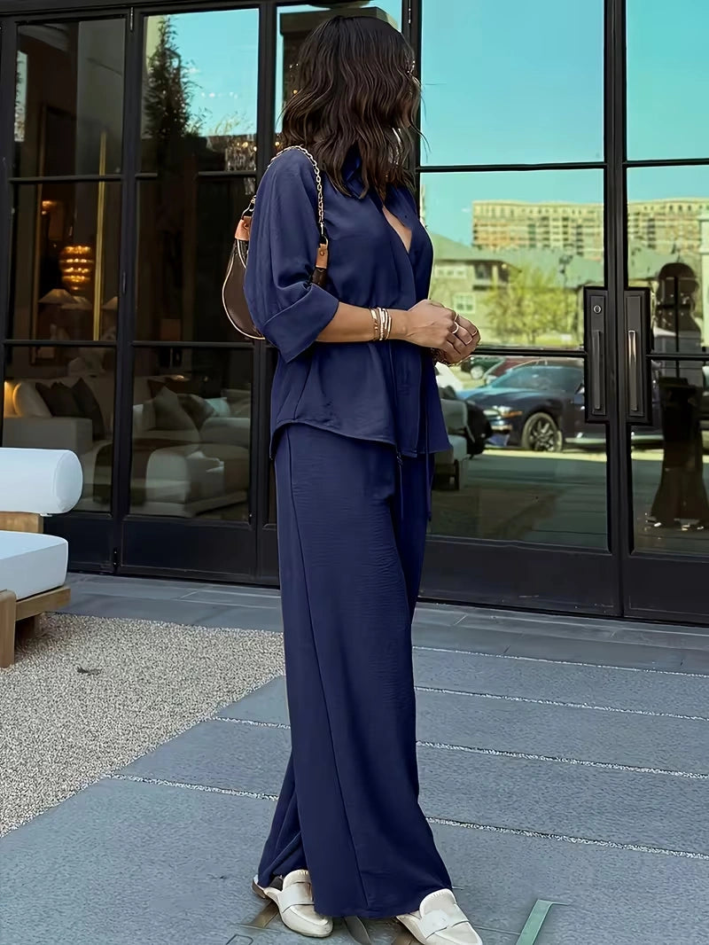 Relaxed Drawstring Co-Ord Set – Lapel Long Sleeve Top & Wide-Leg Pants