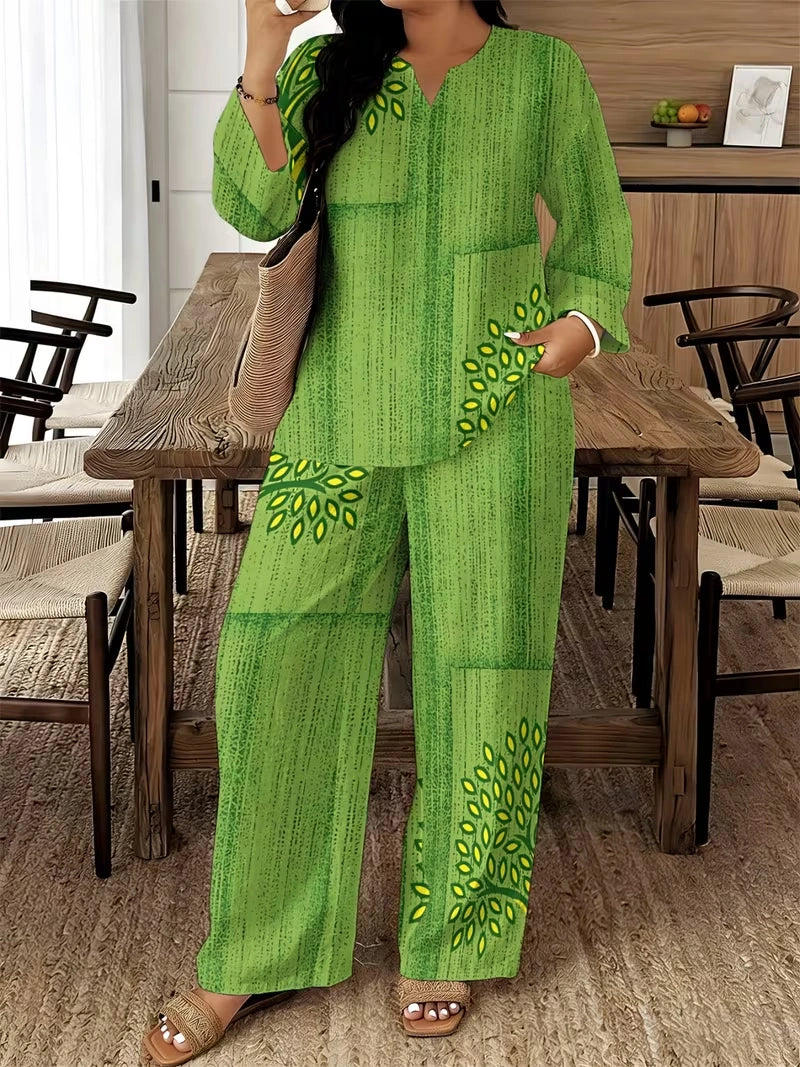 Women's Ethnic Leaf Print Boho Co-Ord Set – Long Sleeve Top & Wide-Leg Pants (2-Piece)