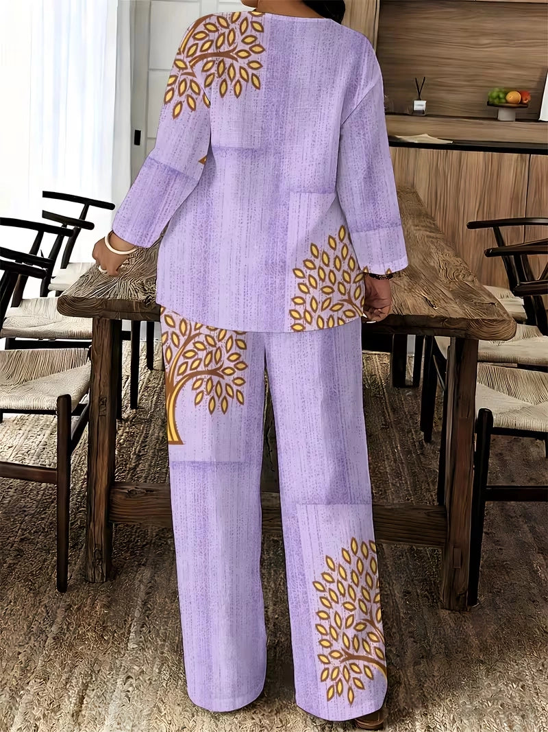 Women's Ethnic Leaf Print Boho Co-Ord Set – Long Sleeve Top & Wide-Leg Pants (2-Piece)