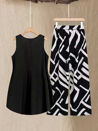 Plus Size Floral Elegance Co-Ord Set with Asymmetrical Tunic & Wide-Leg Pants