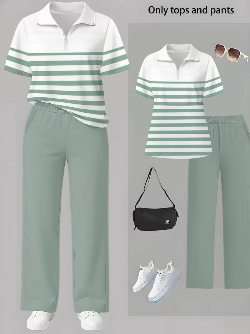 Women's Summer Striped Casual Co-Ord Set | Half-Zip Polo Top & Wide-Leg Pants 2-Piece Outfit