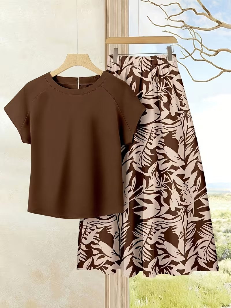 Women's Summer Casual Skirt Co-Ord Set | Solid Top & Printed Skirt 2-Piece Outfit