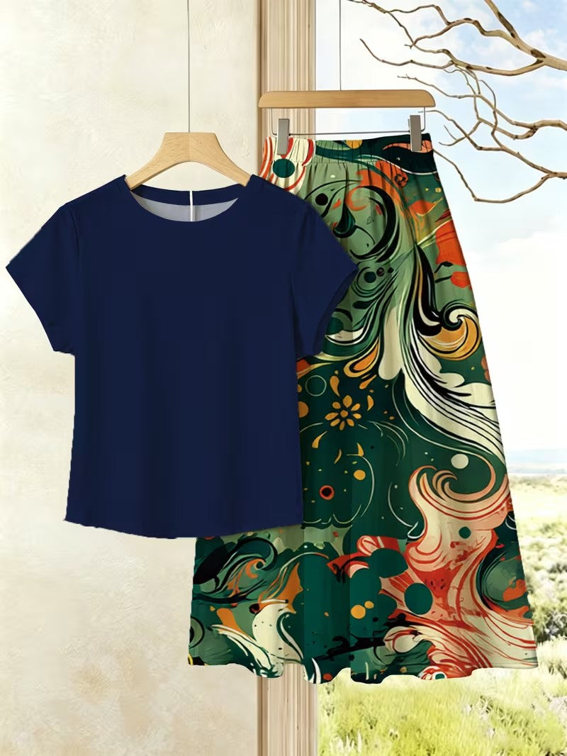 Women's Summer Casual Skirt Co-Ord Set | Solid Top & Printed Skirt 2-Piece Outfit