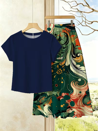 Women's Summer Casual Skirt Co-Ord Set | Solid Top & Printed Skirt 2-Piece Outfit