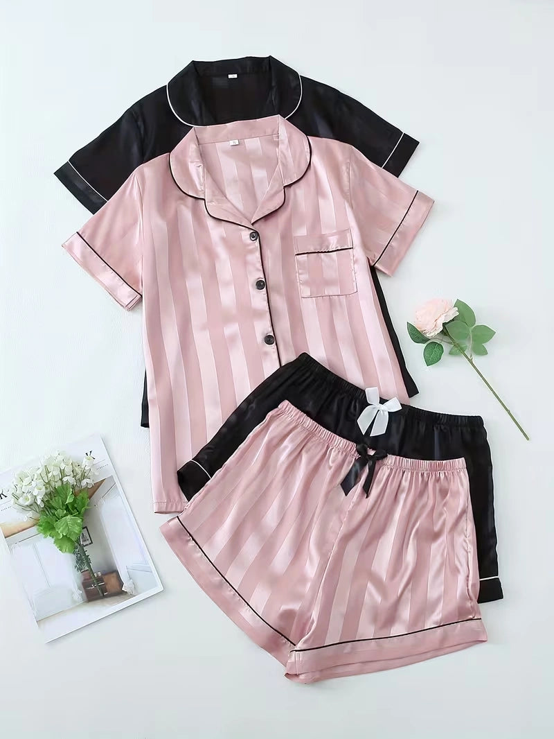 Women's 2-Piece Satin Stripe Pajama Set with Button-Up Shirt & Relaxed Shorts