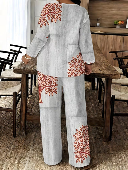 Women's Ethnic Leaf Print Boho Co-Ord Set – Long Sleeve Top & Wide-Leg Pants (2-Piece)