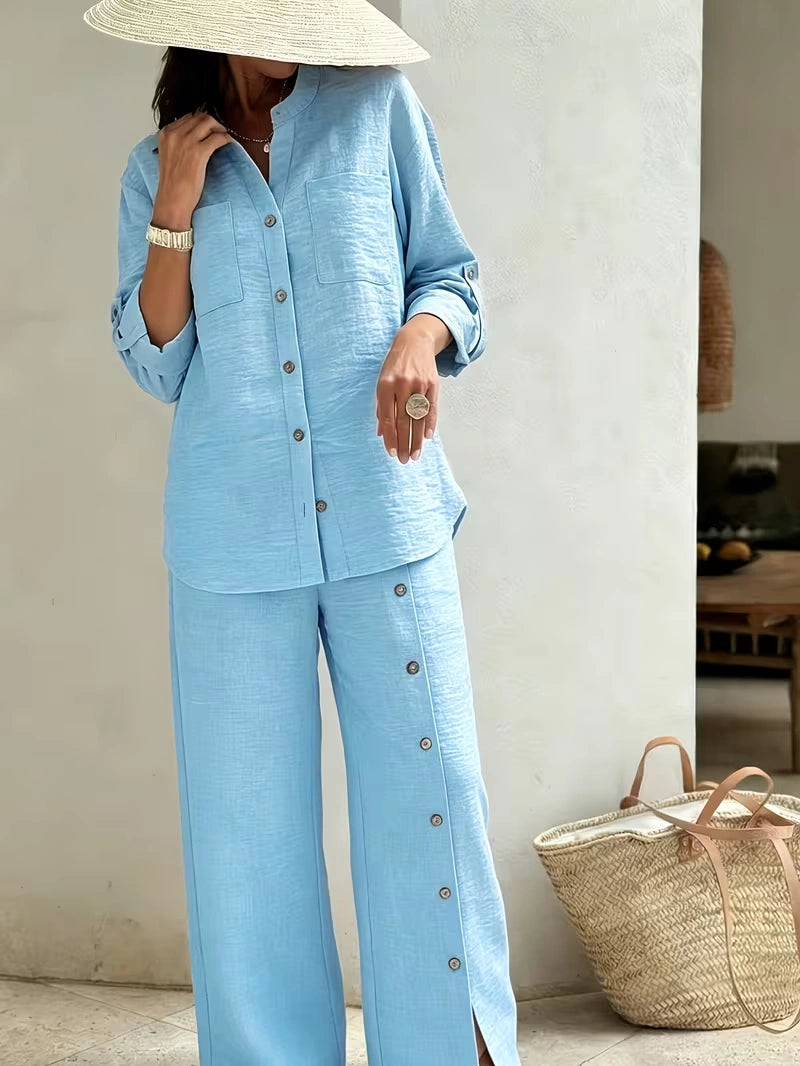 Elegant Lace Back Co-Ord Set – Relaxed Shirt & Wide-Leg Pants for Effortless Style