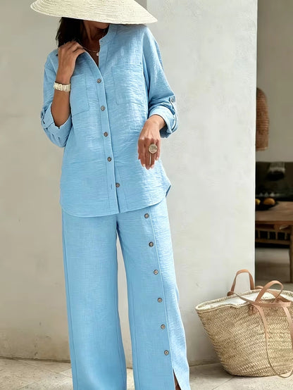 Elegant Lace Back Co-Ord Set – Relaxed Shirt & Wide-Leg Pants for Effortless Style