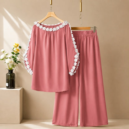 Women's Elegant Off-Shoulder Floral Lace Trim Co-Ord Lounge Set