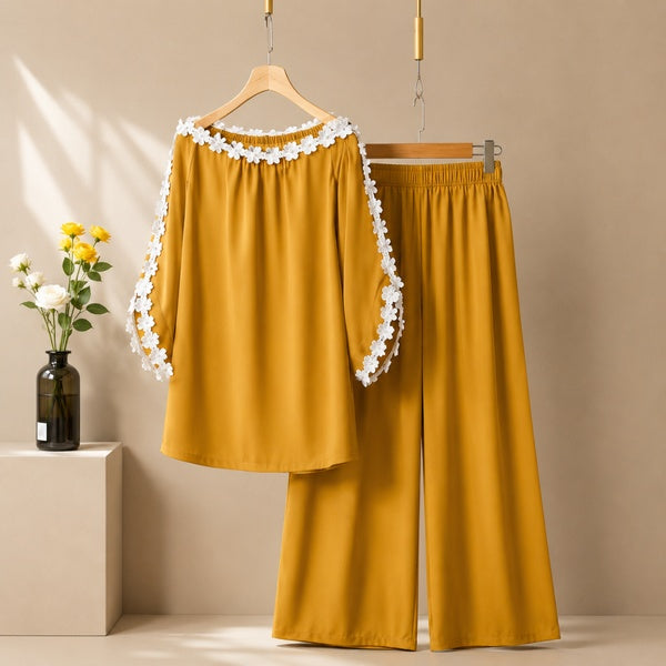 Women's Elegant Off-Shoulder Floral Lace Trim Co-Ord Lounge Set