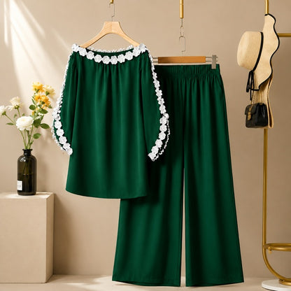 Women's Elegant Off-Shoulder Floral Lace Trim Co-Ord Lounge Set