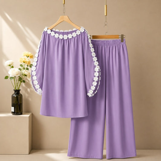 Women's Elegant Off-Shoulder Floral Lace Trim Co-Ord Lounge Set