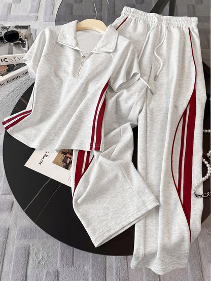 Women's Color Block Half-Zip Polo Collar Top & Jogger Pants Casual 2-Piece Co-Ord Set