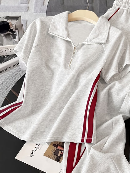 Women's Color Block Half-Zip Polo Collar Top & Jogger Pants Casual 2-Piece Co-Ord Set