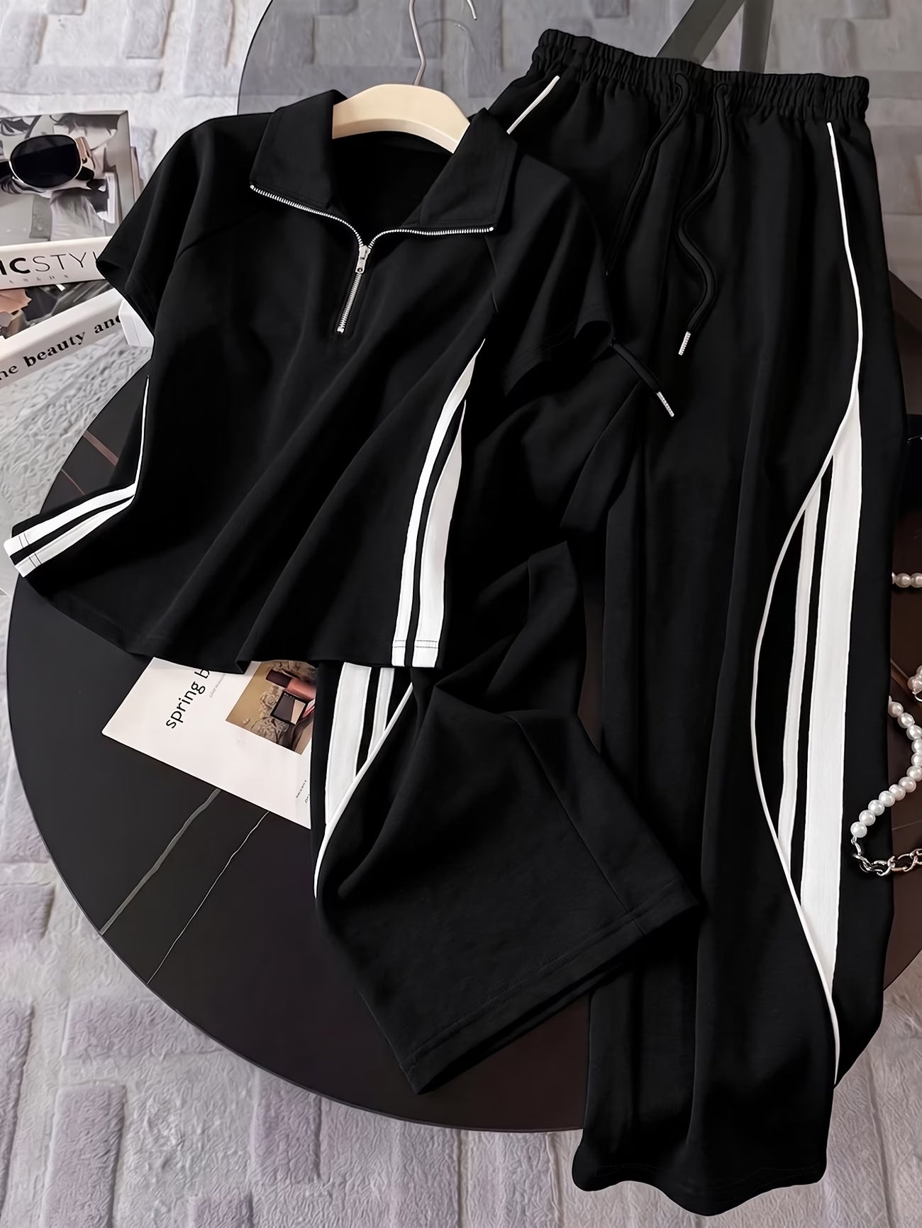 Women's Color Block Half-Zip Polo Collar Top & Jogger Pants Casual 2-Piece Co-Ord Set