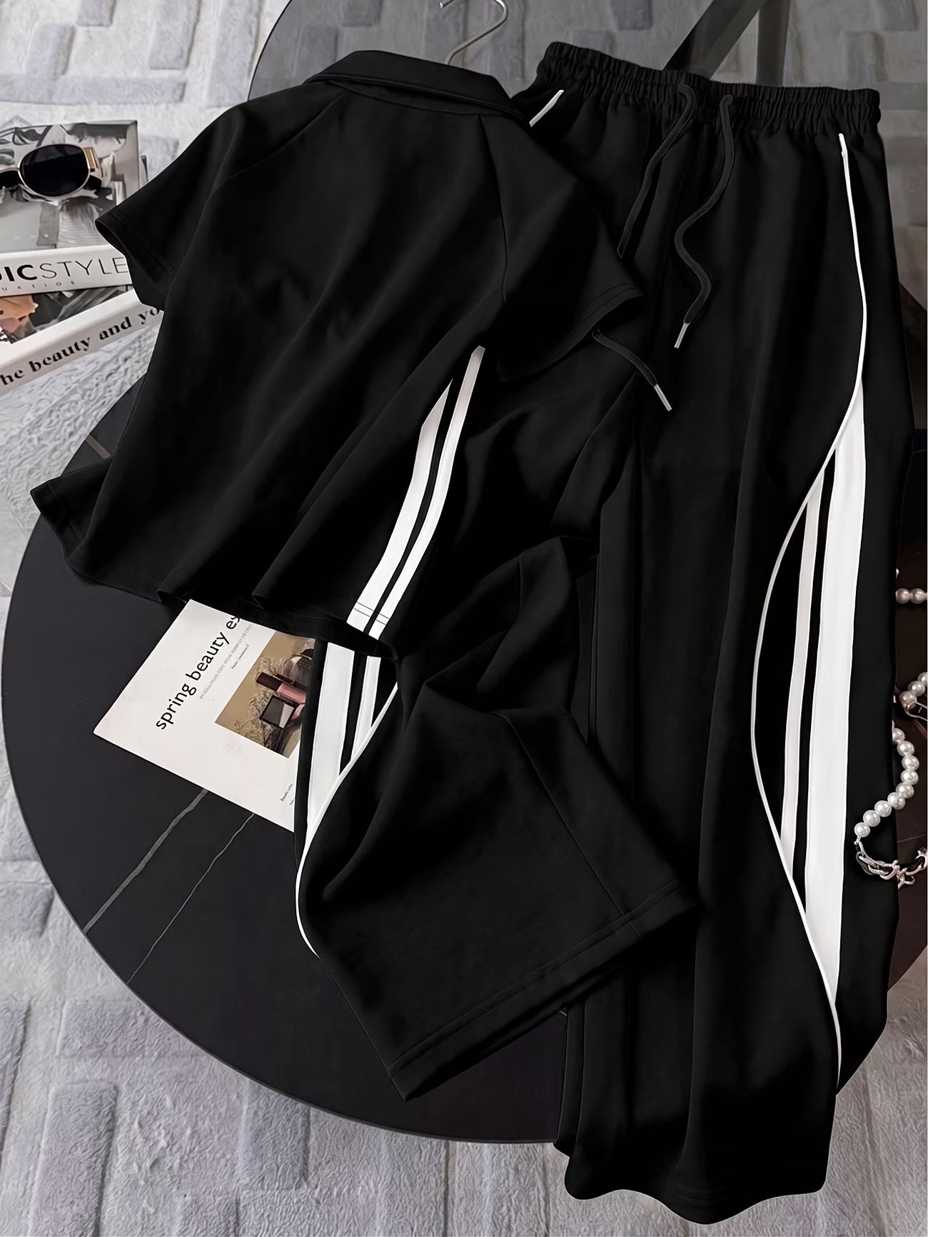 Women's Color Block Half-Zip Polo Collar Top & Jogger Pants Casual 2-Piece Co-Ord Set