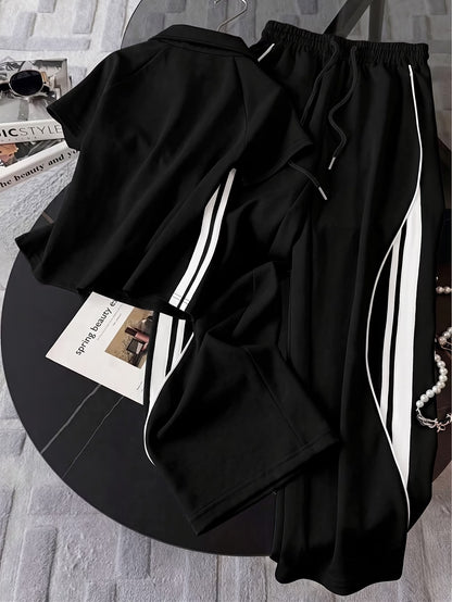 Women's Color Block Half-Zip Polo Collar Top & Jogger Pants Casual 2-Piece Co-Ord Set