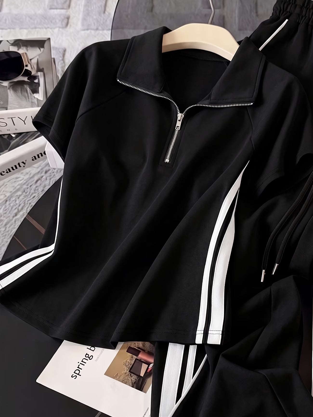 Women's Color Block Half-Zip Polo Collar Top & Jogger Pants Casual 2-Piece Co-Ord Set