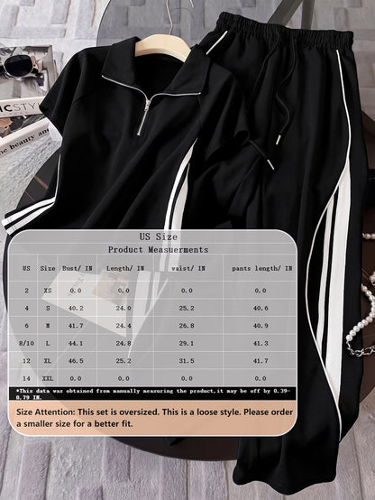 Women's Color Block Half-Zip Polo Collar Top & Jogger Pants Casual 2-Piece Co-Ord Set