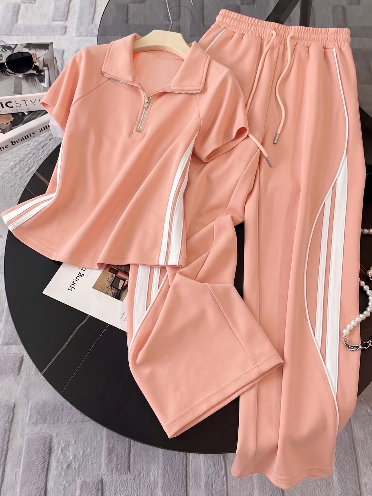 Women's Color Block Half-Zip Polo Collar Top & Jogger Pants Casual 2-Piece Co-Ord Set