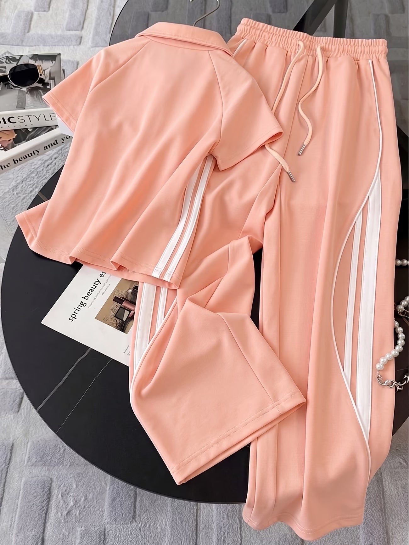 Women's Color Block Half-Zip Polo Collar Top & Jogger Pants Casual 2-Piece Co-Ord Set