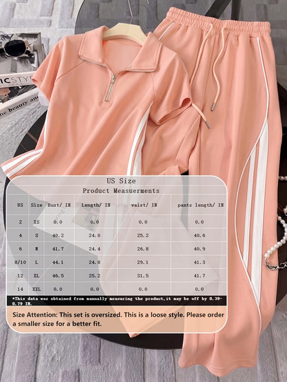 Women's Color Block Half-Zip Polo Collar Top & Jogger Pants Casual 2-Piece Co-Ord Set